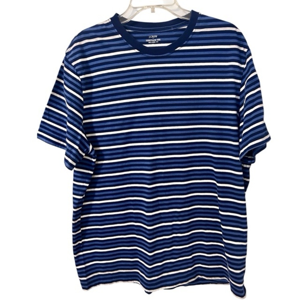 J. Crew Heritage Men's Navy and White Striped Crewneck Tee